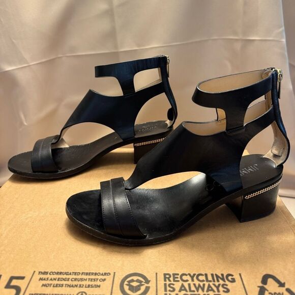 Jimmy Choo Valla-Style Black Leather Block Heel Sandals w/ Chain Detail, Size 38 - Picture 6 of 13